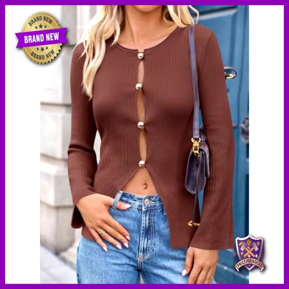 Ribbed Long Sleeve Button Up Cardigan Slim Fitted Y2K Chic Knit Sweater Top - Picture 3 of 7